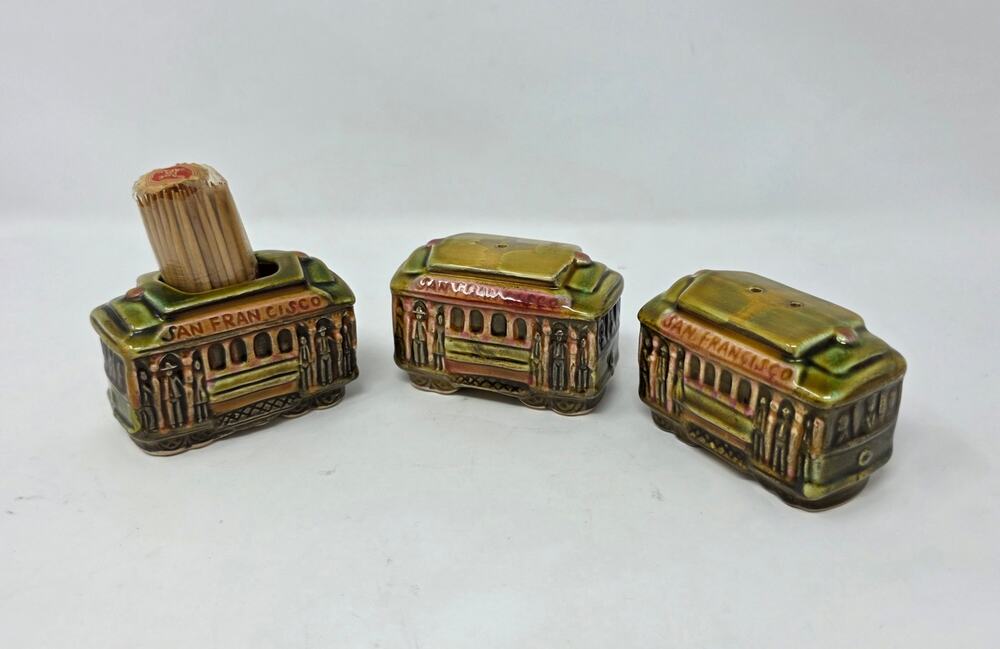 Vintage San Francisco Cable Car Shakers & Toothpick Holder Japan Set